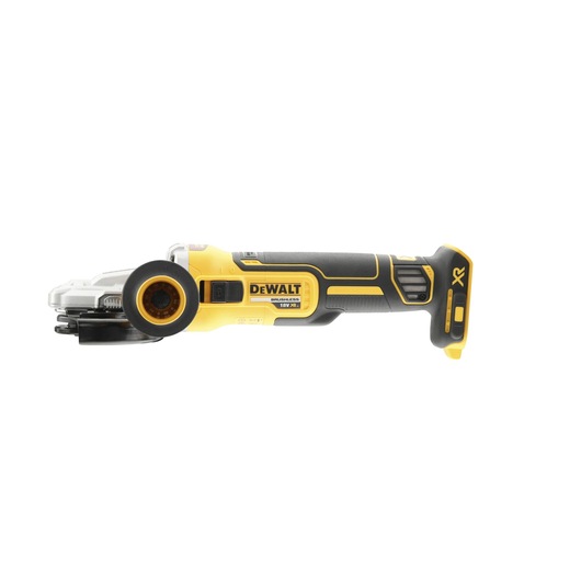 DEWALT cordless angle grinder DCG405FN with yellow and black design, shown from the side on a white background.