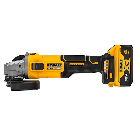 A DEWALT cordless angle grinder with an 18V XR lithium-ion battery, featuring a yellow and black design and a brushless motor.