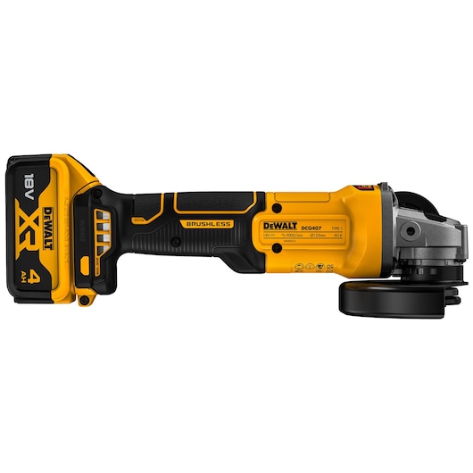 A DEWALT DCG407M2T 18V cordless angle grinder with a brushless motor and 4Ah XR battery, shown in a side view with yellow and black design.