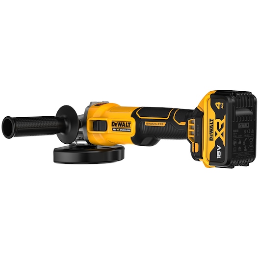A DEWALT 18V XR cordless brushless angle grinder with a 4.0Ah battery, shown in yellow and black colors. The tool has a side handle and is designed for grinding and cutting applications.