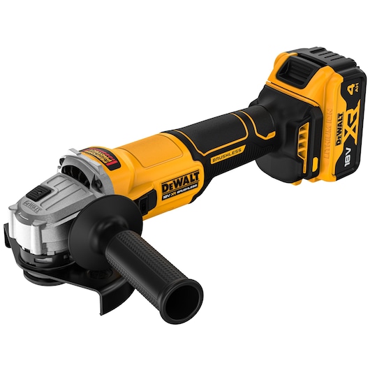 A DEWALT branded cordless angle grinder with a black and yellow design, equipped with an 18V lithium-ion battery and a side handle, suitable for cutting and grinding tasks.