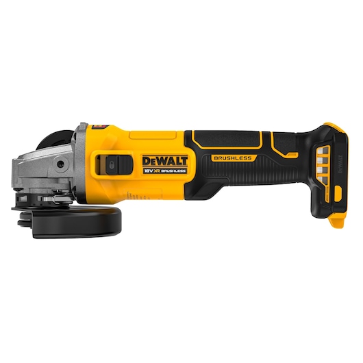 A DEWALT cordless brushless angle grinder, 18V XR model, featuring a yellow and black design with a side switch and ergonomic grip.