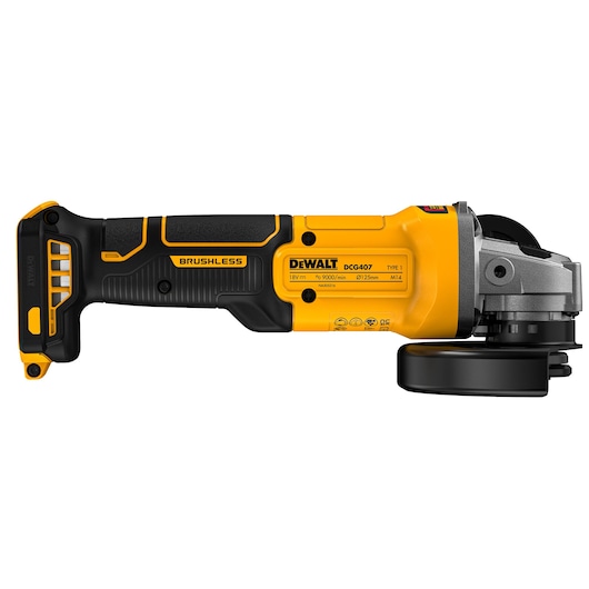 A DEWALT DCG407NT cordless brushless angle grinder, yellow and black in color, shown on a white background.