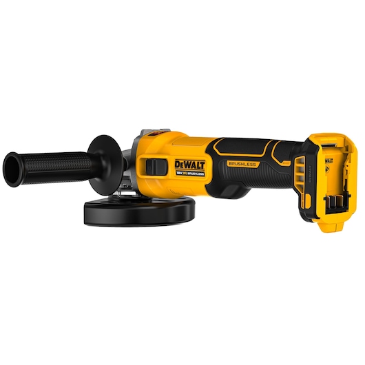 DEWALT cordless angle grinder without battery, featuring a yellow and black design, side handle, and brushless motor.