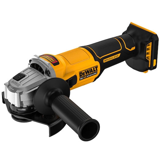A DEWALT cordless angle grinder, model DCG407NT, featuring a yellow and black design with a brushless motor and a detachable handle.