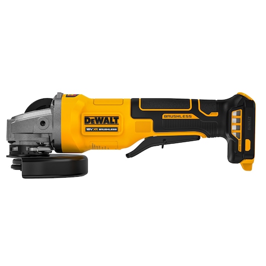 DEWALT 18V XR Brushless cordless angle grinder with yellow and black body, shown in a side profile on a white background.