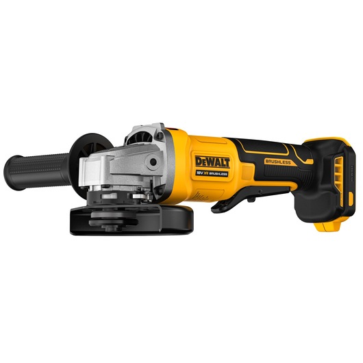 A DEWALT 18V XR Brushless cordless angle grinder with a yellow and black design, equipped with a side handle and protective guard.
