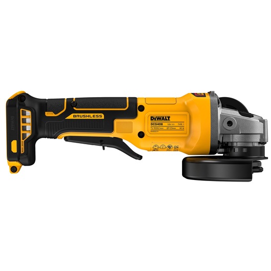 Side view of a DEWALT DCG408N cordless brushless angle grinder with a yellow and black body, displaying product details on the tool casing.