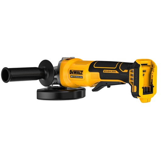 A DEWALT cordless angle grinder with a black handle and yellow body, designed for use with 18V XR batteries. The grinder has a brushless motor and is shown without the battery attached.