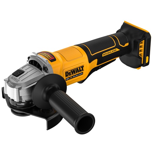 A DEWALT cordless angle grinder with a yellow and black body, featuring a brushless motor and an ergonomic handle. The tool is shown without a battery attached.