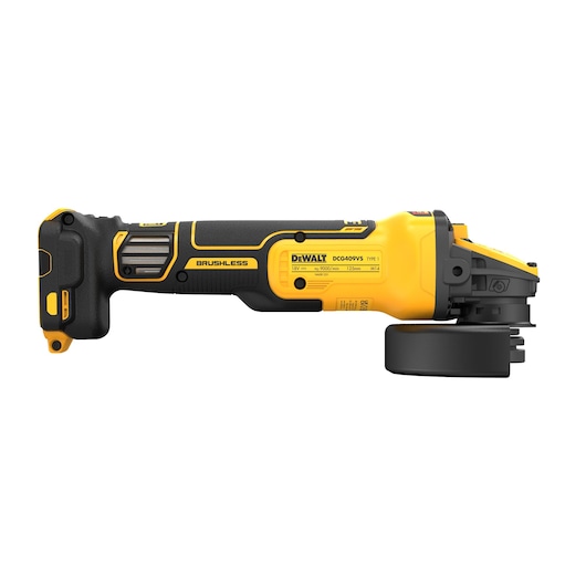 DEWALT DCG409VSN cordless angle grinder with brushless motor, yellow and black design, side view.