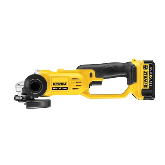 DEWALT 18V XR cordless angle grinder with yellow and black design and battery attached, side view.