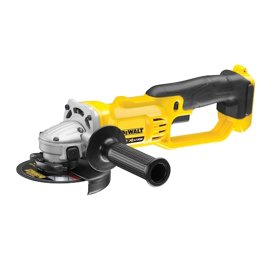 Cordless DEWALT angle grinder with yellow and black design, side handle and protective guard.
