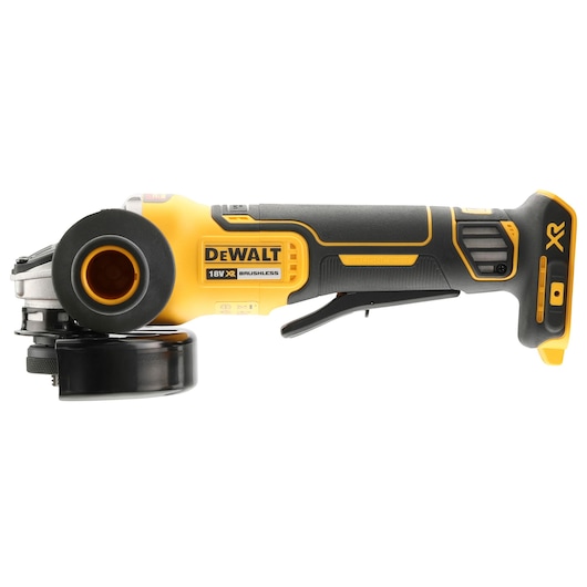 DEWALT 18V XR brushless cordless angle grinder, black and yellow, side view.