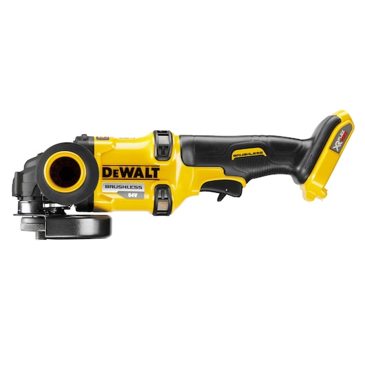 DEWALT tool for photography, model DCZ507T2-XE, DCG418N, DCZ503X2-XE, side view, yellow and black design.
