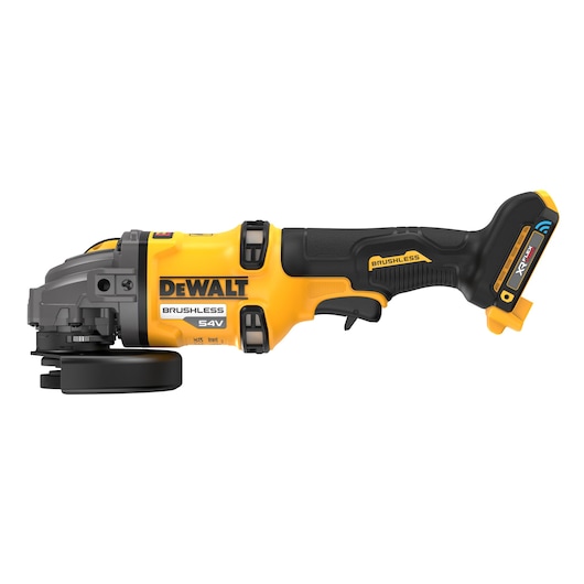 A DEWALT 54V cordless brushless angle grinder with a yellow and black design, shown from the side against a white background.