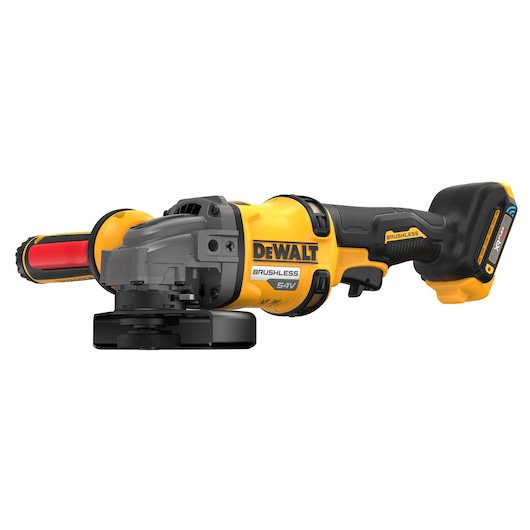 A DEWALT cordless brushless angle grinder with a yellow and black design and a red auxiliary handle, featuring a 54V battery.