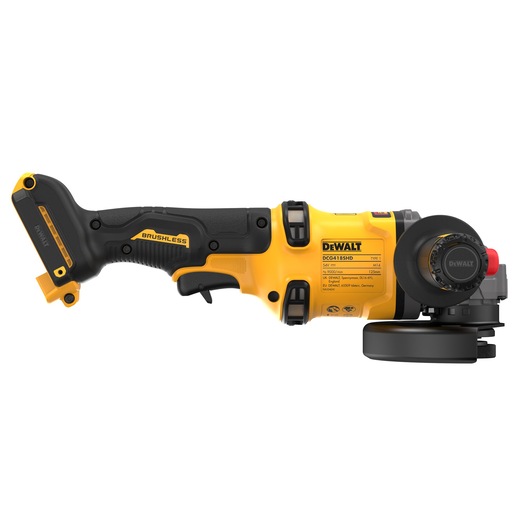 A DEWALT cordless brushless angle grinder, model DCG418SHDN, shown from the side. The tool features a yellow and black body with labeling on the motor housing and a side handle attached near the grinding wheel.