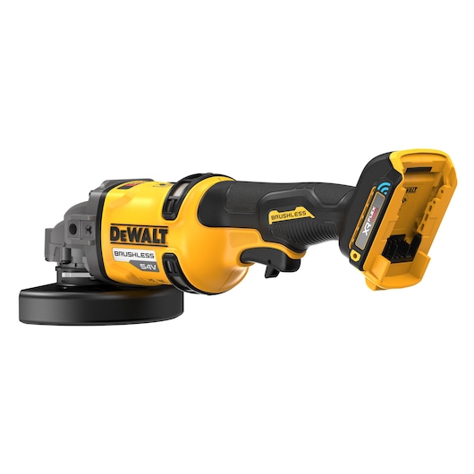 A DEWALT cordless brushless angle grinder with a yellow and black body, featuring a 54V power rating and XR Flexvolt technology. The device is shown without its battery attached.