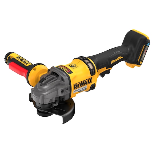 A DEWALT cordless brushless angle grinder with a yellow and black body, side handle, blade guard, and visible battery pack at the back.