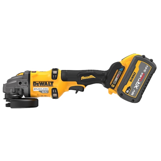 DEWALT cordless angle grinder with a brushless motor, 54V battery, and ergonomic black and yellow design.