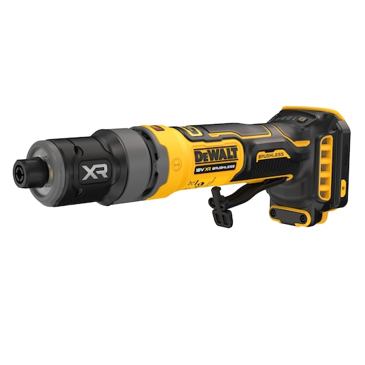 DEWALT 18V XR brushless cordless rotary tool with black and yellow design, model DCG420N-XJ, shown on a white background.