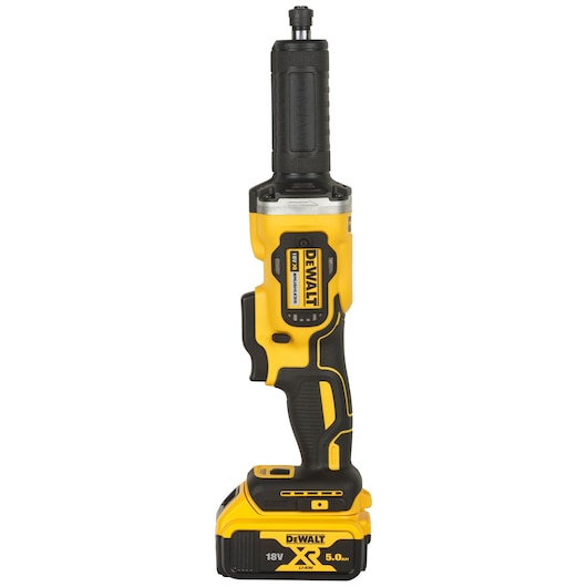 A DEWALT 18V XR cordless die grinder with a 5.0Ah lithium-ion battery, featuring a yellow and black design and ergonomic handle.