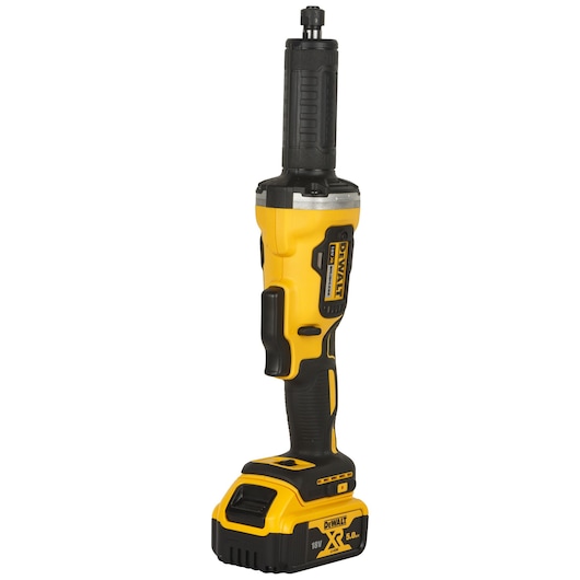 A yellow and black DEWALT cordless die grinder tool with an 18V battery base, shown upright against a white background.