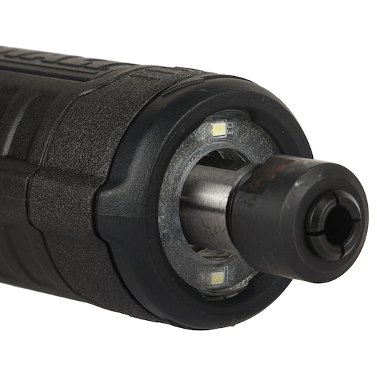 Close-up image of the front end of a DEWALT cordless die grinder showing the chuck and LED work lights.