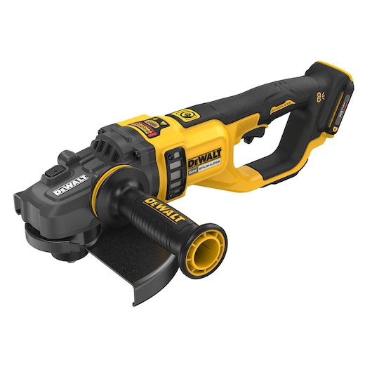 DEWALT cordless 54V brushless angle grinder with side handle, black and yellow design, shown on white background.