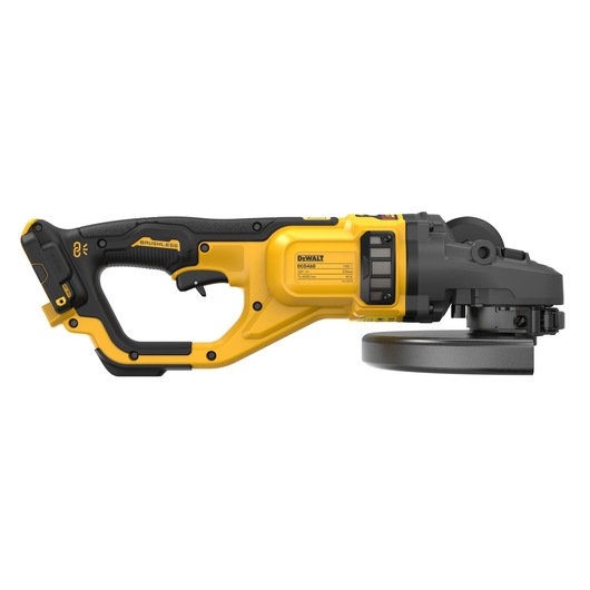 DEWALT DCG460N cordless angle grinder in yellow and black, shown from the side on a white background.