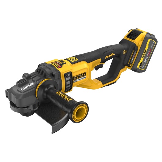 DEWALT cordless angle grinder with 54V XR FLEXVOLT battery, yellow and black, side handle attached.