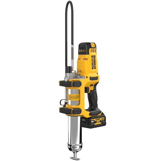 DEWALT cordless grease gun with battery and hose, yellow and black, shown upright against a white background.