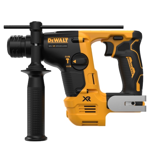 A DEWALT 12V XR brushless rotary hammer drill with a side handle and ergonomic grip, shown in yellow and black colors.