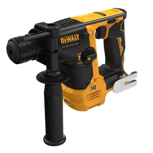A DEWALT 12V XR brushless rotary hammer drill with a side handle and belt clip, shown in yellow and black.