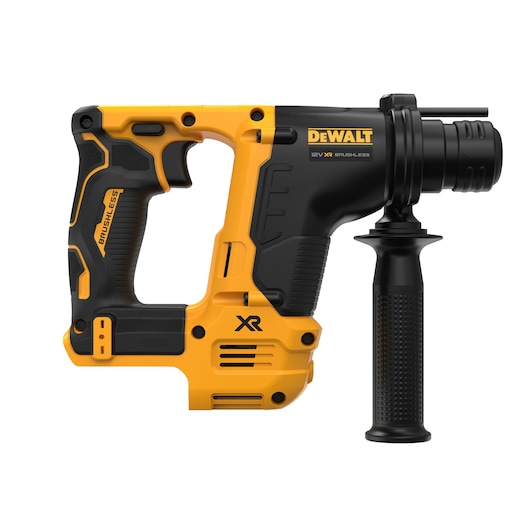 A DEWALT 12V XR Brushless cordless rotary hammer drill with a side handle, in yellow and black color. The model code DCH072NT is associated with this tool.