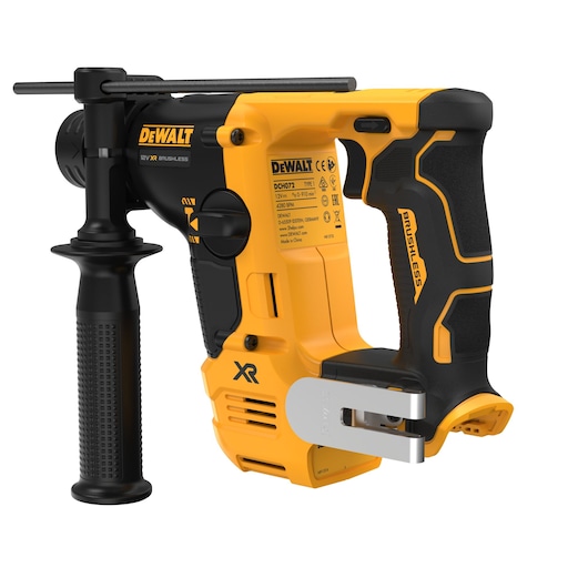 A DEWALT DCH072NT cordless rotary hammer drill, yellow and black in color, featuring a brushless motor, ergonomic grip, and side handle, designed for heavy-duty construction tasks.
