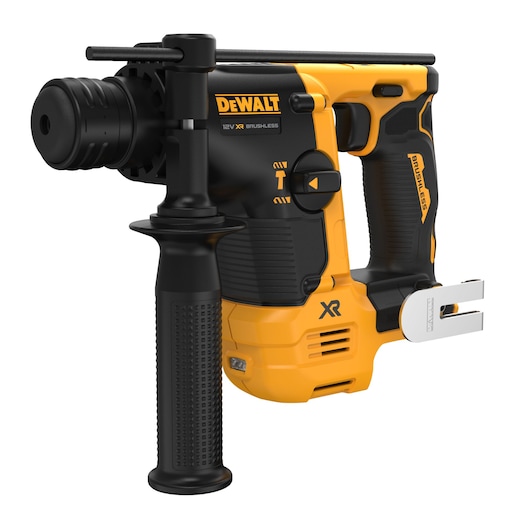 A DEWALT 12V XR brushless rotary hammer drill, featuring a black and yellow design with an ergonomic handle and auxiliary side grip. The drill has various adjustment settings and a metal belt clip attached to the base.