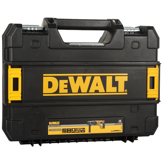 A black DEWALT-branded carrying case with yellow accents, designed for storing tools. The case features a large handle on top and has a yellow DEWALT logo prominently displayed. There is a label at the bottom showing the model DCH133NT-XJ and an image of a power tool.