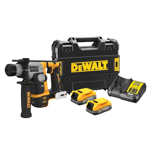 A DEWALT cordless rotary hammer drill set, model DCH172E2T, shown with a black and yellow hard carrying case, two rechargeable batteries, and a battery charger.
