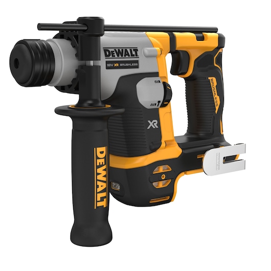 DEWALT 18V XR brushless cordless rotary hammer drill with side handle and metal belt hook, shown in black and yellow.