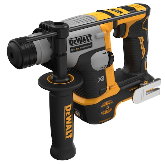 A DEWALT 18V XR brushless rotary hammer drill, featuring a black and yellow ergonomic design with a side handle for improved control and stability.
