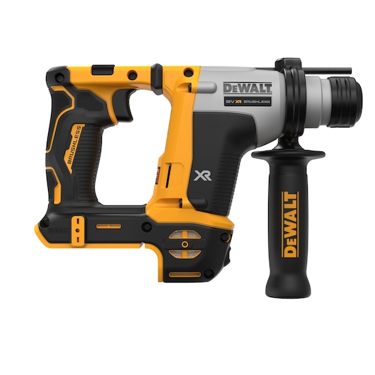 A DEWALT 18V XR brushless rotary hammer drill with a black and yellow design. The tool features a side handle for additional grip and stability. The product is photographed on a white background.