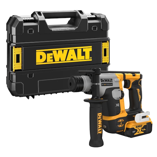A DEWALT branded cordless rotary hammer drill with a side handle is shown next to a sturdy black and yellow carrying case. The drill features an 18V XR battery attached at the base.