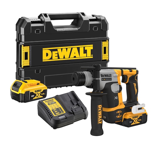 DEWALT cordless rotary hammer drill set, including a black and yellow carrying case, two 18V XR lithium-ion batteries, a battery charger, and the rotary hammer tool.