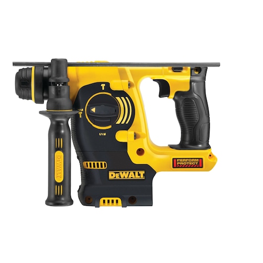 DEWALT DCH253N cordless rotary hammer drill, yellow and black, with side handle and mode selector.