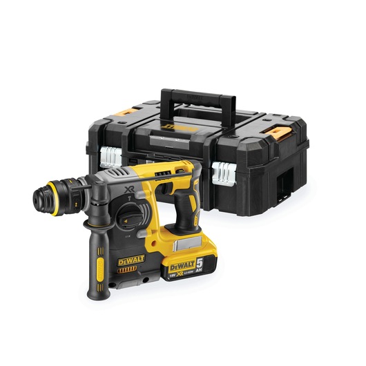 DEWALT cordless rotary hammer drill with battery, shown beside a sturdy black carrying case.
