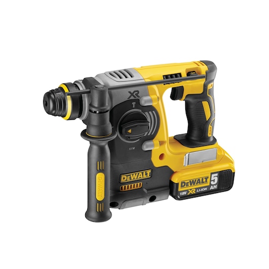 DEWALT DCH273P2T cordless rotary hammer drill, yellow and black, 18V XR Li-Ion with side handle and 5Ah battery.