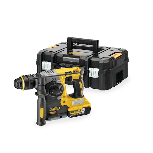 DEWALT cordless rotary hammer drill with black and yellow case, suitable for construction or DIY tasks.