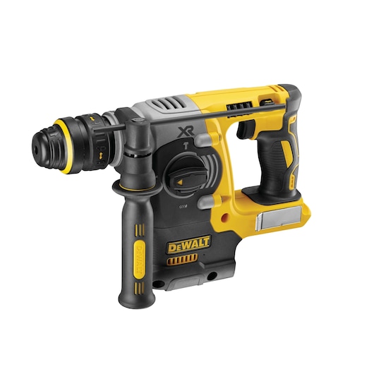 DEWALT cordless rotary hammer drill with side handle, yellow and black, shown on a white background.